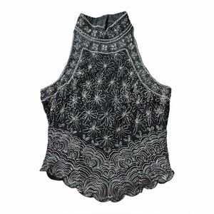Papell Boutique 90s Vintage Evening Silk Silver Black Beaded Halter Top Sz M